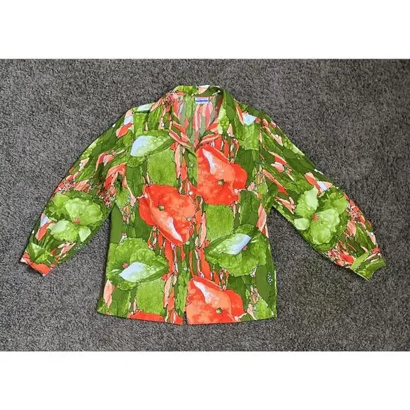 1960's MOD Watercolor Floral Avocado Green + Orange Shirt Dagger Collar Large - Picture 6 of 9